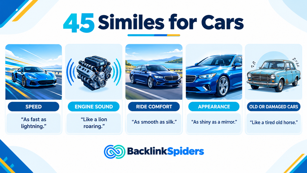 45 similes for cars infographic illustrating speed, engine sound, ride comfort, appearance, and old or damaged cars with examples.