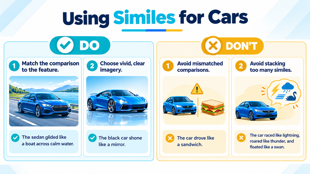 Do and don't infographic showing how to use clear car similes and avoid confusing or mismatched comparisons in writing.