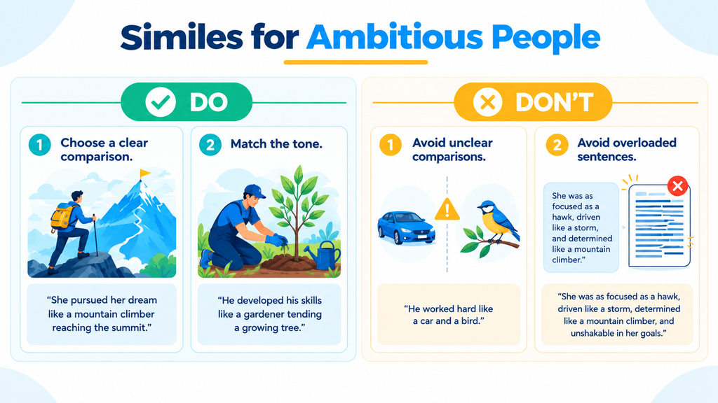 Do and don't infographic showing how to use clear, meaningful similes to describe an ambitious person.
