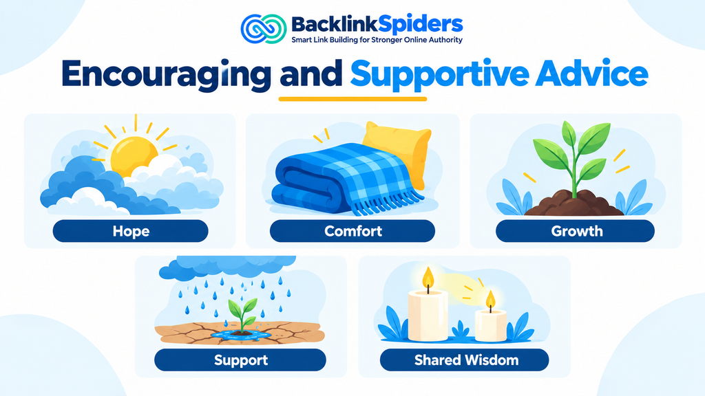 Visual guide to encouraging advice similes featuring sunshine, a warm blanket, a growing seedling, rain, and a candle.