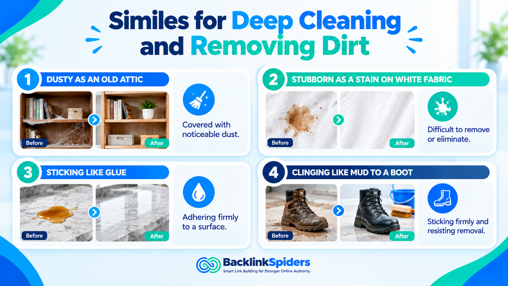 Infographic showing cleaning similes for dusty shelves, stubborn fabric stains, sticky residue, and mud-covered boots.
