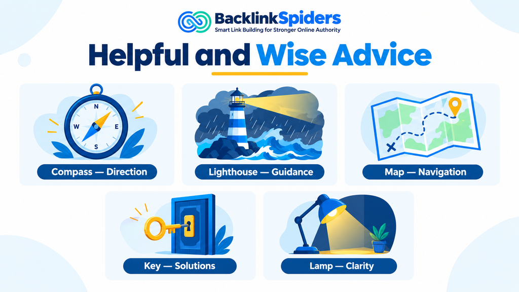 Infographic of a compass, lighthouse, map, key, and lamp illustrating similes for helpful and wise advice.