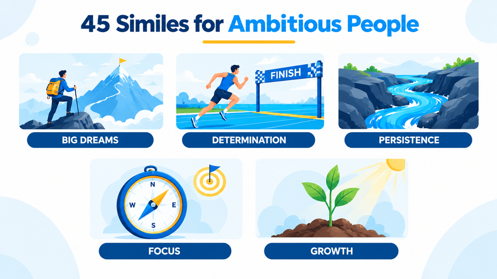 Infographic illustrating ambition through a mountain climber, rocket, growing seedling, and focused compass.