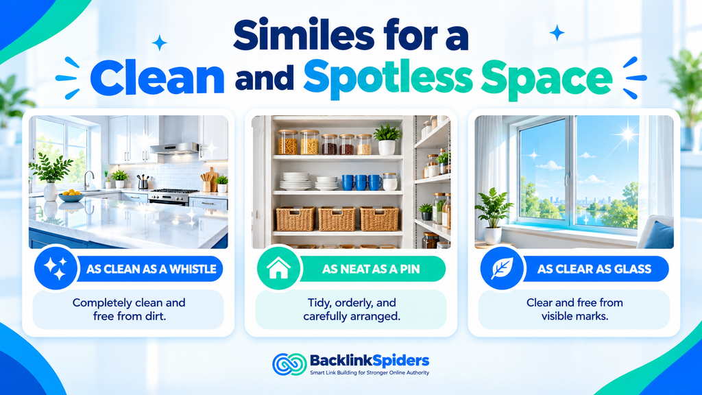 Infographic showing three cleaning similes: as clean as a whistle, as neat as a pin, and as clear as glass.